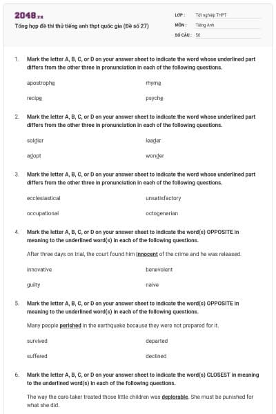 Tổng hợp đề thi thử tiếng anh thpt quốc gia (Đề số 27)