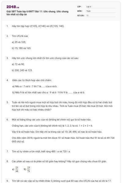 Giải SBT Toán lớp 6 KNTT Bài 11: Ước chung. Ước chung lớn nhất có đáp án