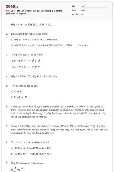 Giải SBT Toán lớp 6 KNTT Bài 12: Bội chung. Bội chung nhỏ nhất có đáp án