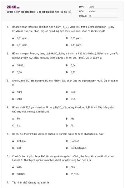 20 Bộ đề ôn tập Hóa Học 10 có lời giải cực hay (Đề số 13)