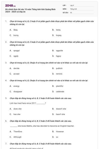 Đề chính thức thi vào 10 môn Tiếng Anh tỉnh  Quảng Bình 2024 - 2025 có đáp án