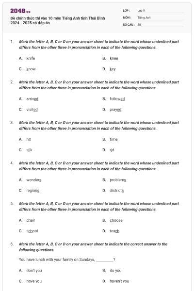 Đề chính thức thi vào 10 môn Tiếng Anh tỉnh  Thái Bình  2024 - 2025 có đáp án