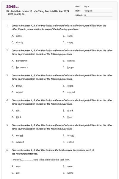 Đề chính thức thi vào 10 môn Tiếng Anh tỉnh Bắc Kạn 2024 - 2025 có đáp án