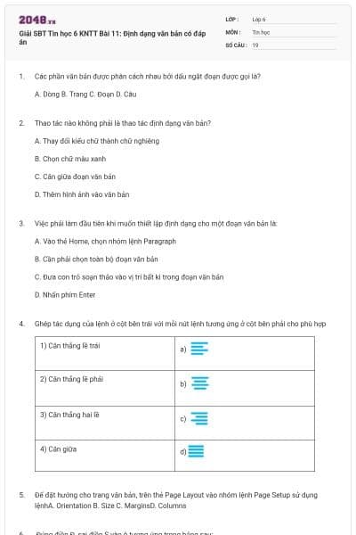 Giải SBT Tin học 6 KNTT Bài 11: Định dạng văn bản có đáp án