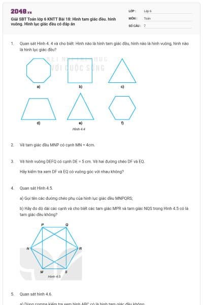 Giải SBT Toán lớp 6 KNTT Bài 18: Hình tam giác đều. hình vuông. Hình lục giác đều có đáp án