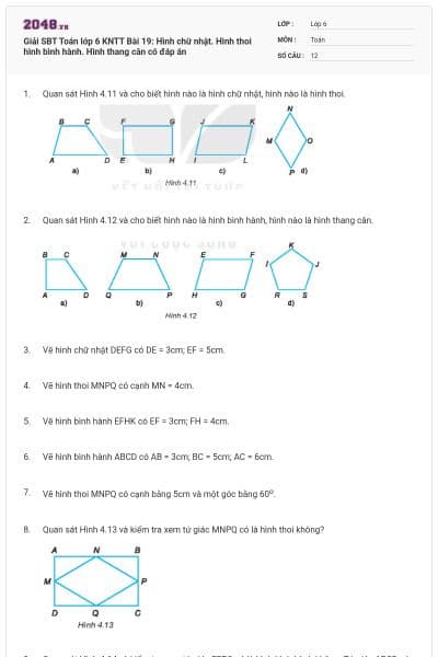 Giải SBT Toán lớp 6 KNTT Bài 19: Hình chữ nhật. Hình thoi hình bình hành. Hình thang cân có đáp án