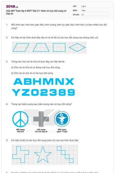 Giải SBT Toán lớp 6 KNTT Bài 21: Hình có trục đối xứng có đáp án