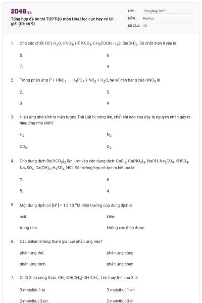 Tổng hợp đề ôn thi THPTQG môn Hóa Học cực hay có lời giải (Đề số 9)