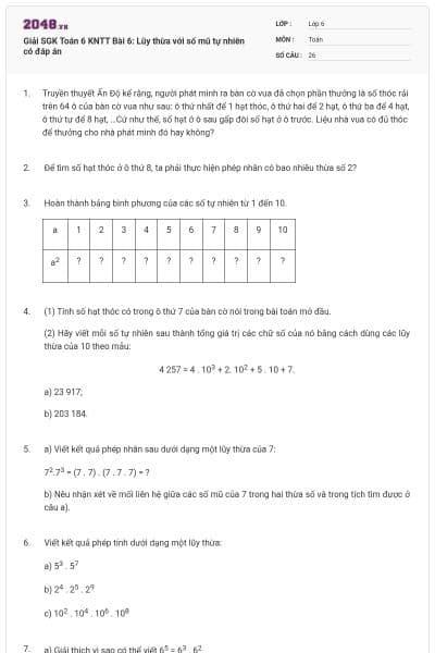 Giải SGK Toán 6 KNTT Bài 6: Lũy thừa với số mũ tự nhiên có đáp án
