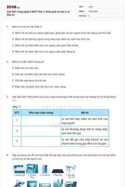 Giải SBT Công nghệ 6 KNTT Bài 1: Khái quát về nhà ở có đáp án