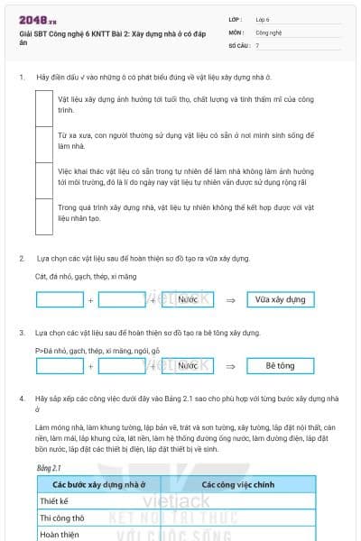 Giải SBT Công nghệ 6 KNTT Bài 2: Xây dựng nhà ở có đáp án