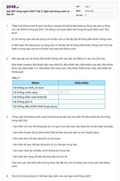 Giải SBT Công nghệ 6 KNTT Bài 3: Ngôi nhà thông minh có đáp án