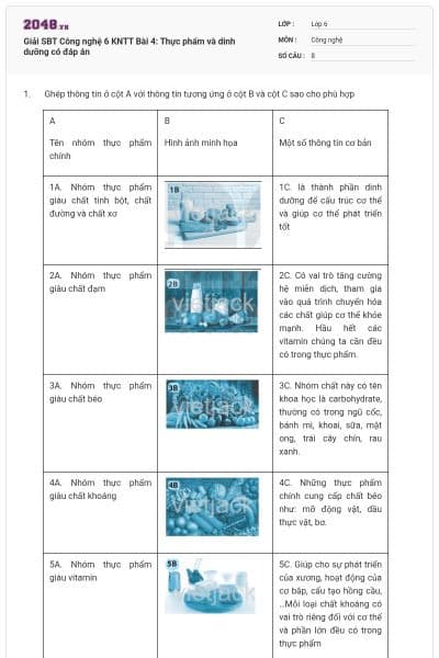 Giải SBT Công nghệ 6 KNTT Bài 4: Thực phẩm và dinh dưỡng có đáp án