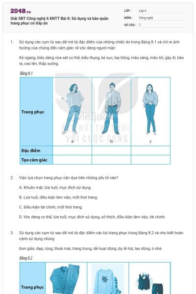 Giải SBT Công nghệ 6 KNTT Bài 8: Sử dụng và bảo quản trang phục  có đáp án