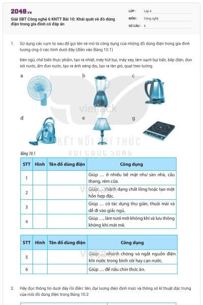 Giải SBT Công nghệ 6 KNTT Bài 10: Khái quát về đồ dùng điện trong gia đình có đáp án
