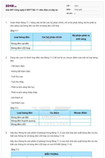 Giải SBT Công nghệ 6 KNTT Bài 11: Đèn điện có đáp án