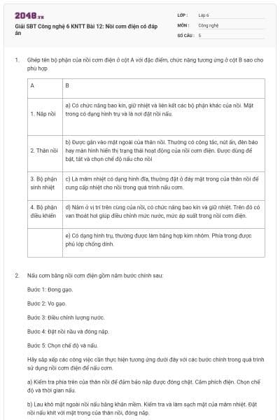 Giải SBT Công nghệ 6 KNTT Bài 12: Nồi cơm điện có đáp án