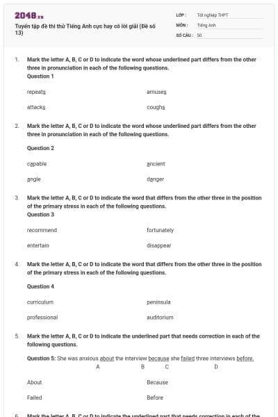 Tuyển tập đề thi thử Tiếng Anh cực hay có lời giải (Đề số 13)