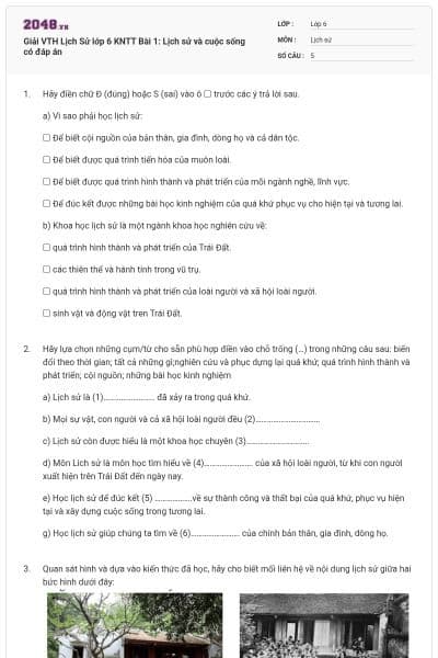 Giải VTH Lịch Sử lớp 6 KNTT Bài 1: Lịch sử và cuộc sống có đáp án