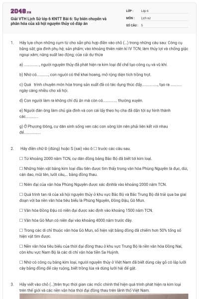 Giải VTH Lịch Sử lớp 6 KNTT Bài 6: Sự biến chuyển và phân hóa của xã hội nguyên thủy có đáp án