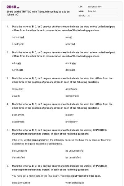 20 Đề thi thử THPTQG môn Tiếng Anh cực hay có đáp án (Đề số 14)