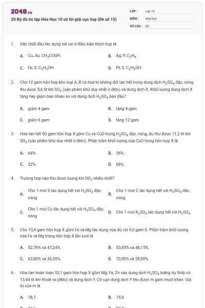 20 Bộ đề ôn tập Hóa Học 10 có lời giải cực hay (Đề số 15)