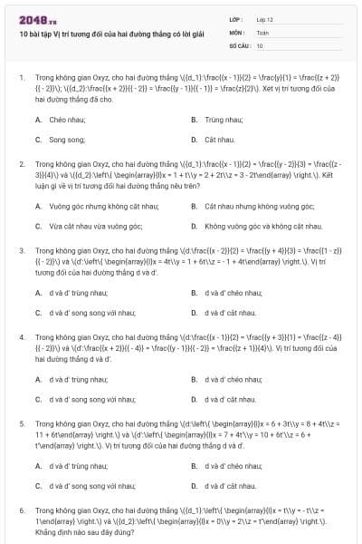 10 bài tập Vị trí tương đối của hai đường thẳng có lời giải