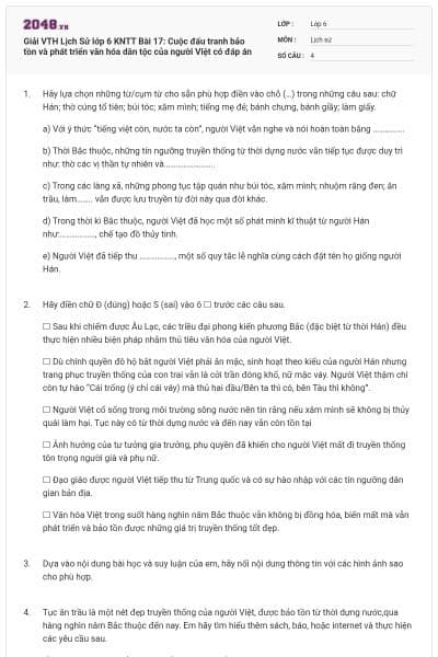 Giải VTH Lịch Sử lớp 6 KNTT Bài 17: Cuộc đấu tranh bảo tồn và phát triển văn hóa dân tộc của người Việt có đáp án