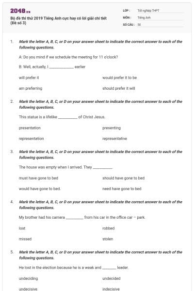 Bộ đề thi thử 2019 Tiếng Anh cực hay có lời giải chi tiết (Đề số 3)