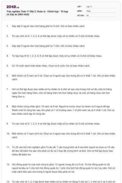 Trắc nghiệm Toán 11 Bài 2: Hoán vị - Chỉnh hợp - Tổ hợp có đáp án (Mới nhất)