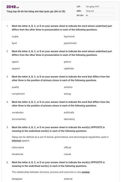Tổng hợp đề thi thử tiếng anh thpt quốc gia (Đề số 28)