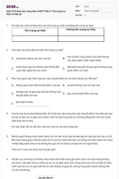 Giải VTH Giáo dục công dân 6 KNTT Bài 4: Tôn trọng sự thật có đáp án