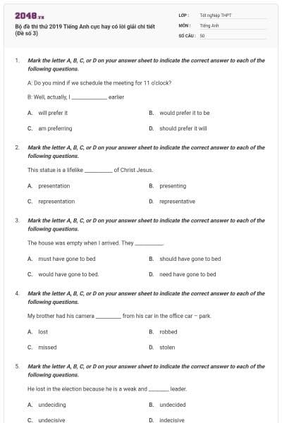 Bộ đề thi thử 2019 Tiếng Anh cực hay có lời giải chi tiết (Đề số 3)