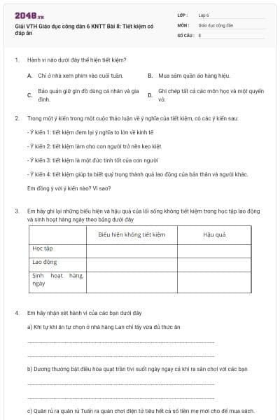 Giải VTH Giáo dục công dân 6 KNTT Bài 8: Tiết kiệm có đáp án