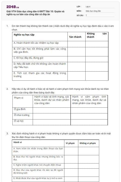 Giải VTH Giáo dục công dân 6 KNTT Bài 10: Quyền và nghĩa vụ cơ bản của công dân có đáp án