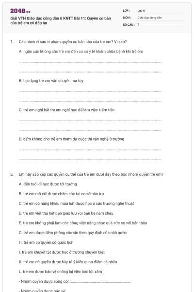 Giải VTH Giáo dục công dân 6 KNTT Bài 11: Quyền cơ bản của trẻ em có đáp án