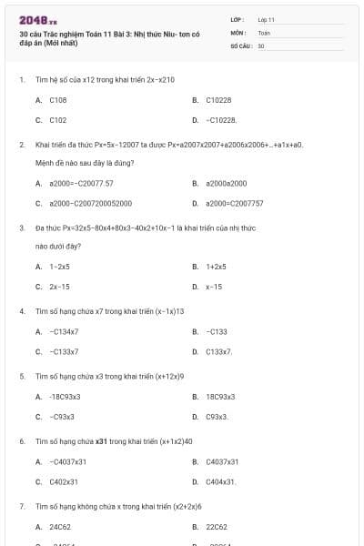 30 câu Trắc nghiệm Toán 11 Bài 3: Nhị thức Niu- tơn có đáp án (Mới nhất)