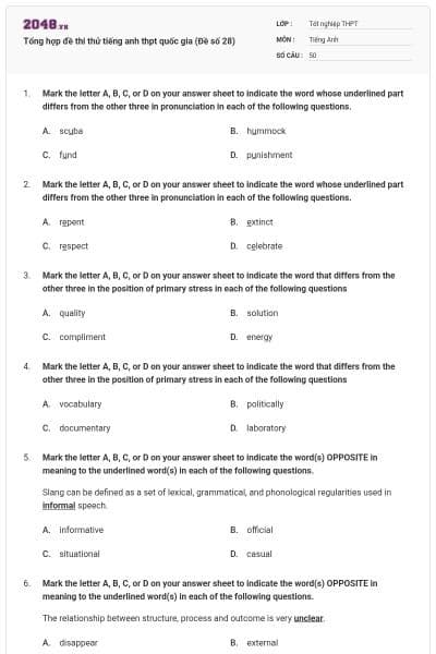Tổng hợp đề thi thử tiếng anh thpt quốc gia (Đề số 28)