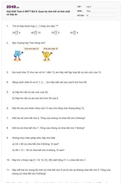 Giải SGK Toán 6 KNTT Bài 8: Quan hệ chia hết và tính chất có đáp án