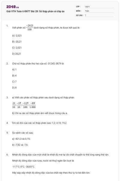 Giải VTH Toán 6 KNTT Bài 28: Số thập phân có đáp án