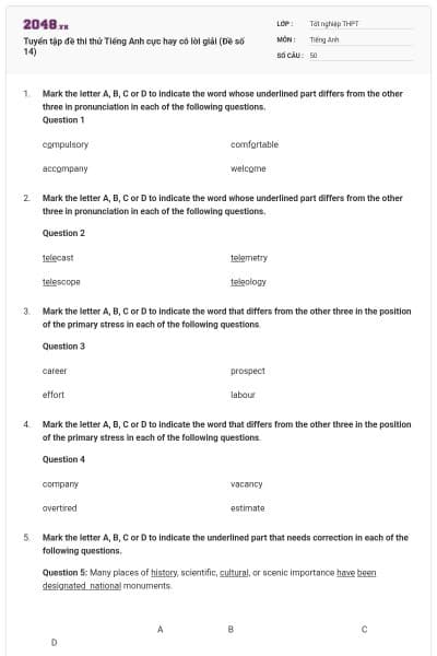 Tuyển tập đề thi thử Tiếng Anh cực hay có lời giải (Đề số 14)
