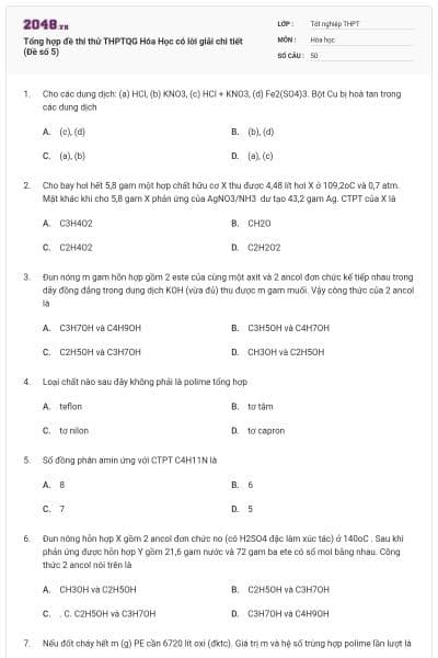 Tổng hợp đề thi thử THPTQG Hóa Học có lời giải chi tiết (Đề số 5)