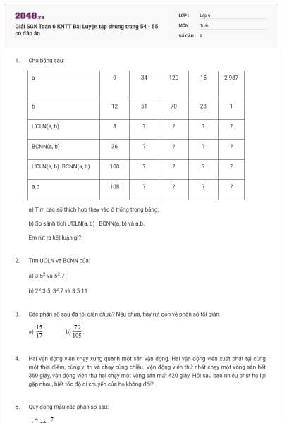 Giải SGK Toán 6 KNTT Bài Luyện tập chung trang 54 - 55 có đáp án