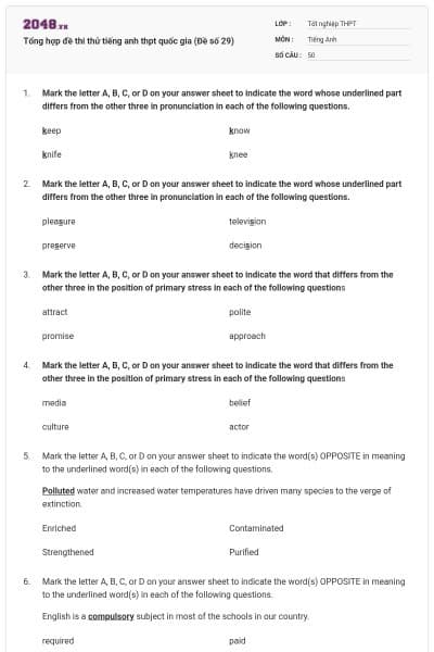 Tổng hợp đề thi thử tiếng anh thpt quốc gia (Đề số 29)