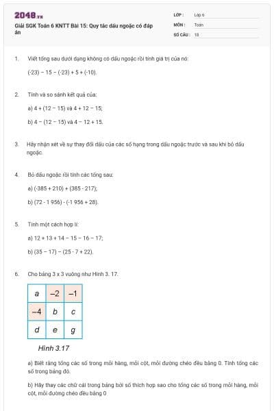Giải SGK Toán 6 KNTT Bài 15: Quy tắc dấu ngoặc có đáp án