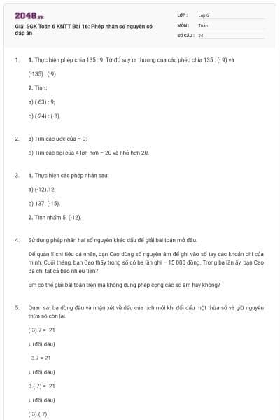 Giải SGK Toán 6 KNTT Bài 16: Phép nhân số nguyên có đáp án