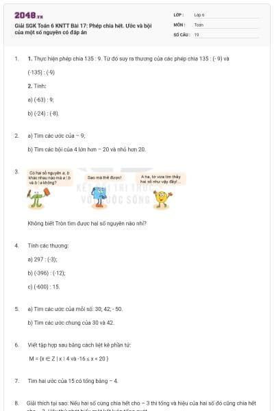 Giải SGK Toán 6 KNTT Bài 17: Phép chia hết. Ước và bội của một số nguyên có đáp án