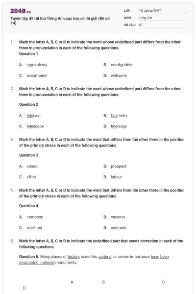 Tuyển tập đề thi thử Tiếng Anh cực hay có lời giải (Đề số 14)
