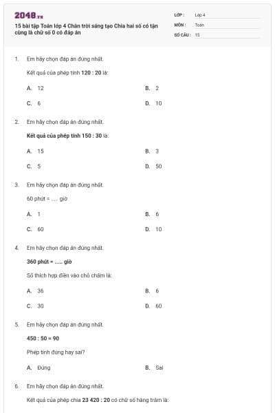 15 bài tập Toán lớp 4 Chân trời sáng tạo Chia hai số có tận cùng là chữ số 0 có đáp án