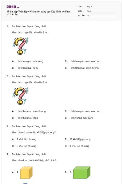 15 bài tập Toán lớp 4 Chân trời sáng tạo Xếp hình, vẽ hình có đáp án